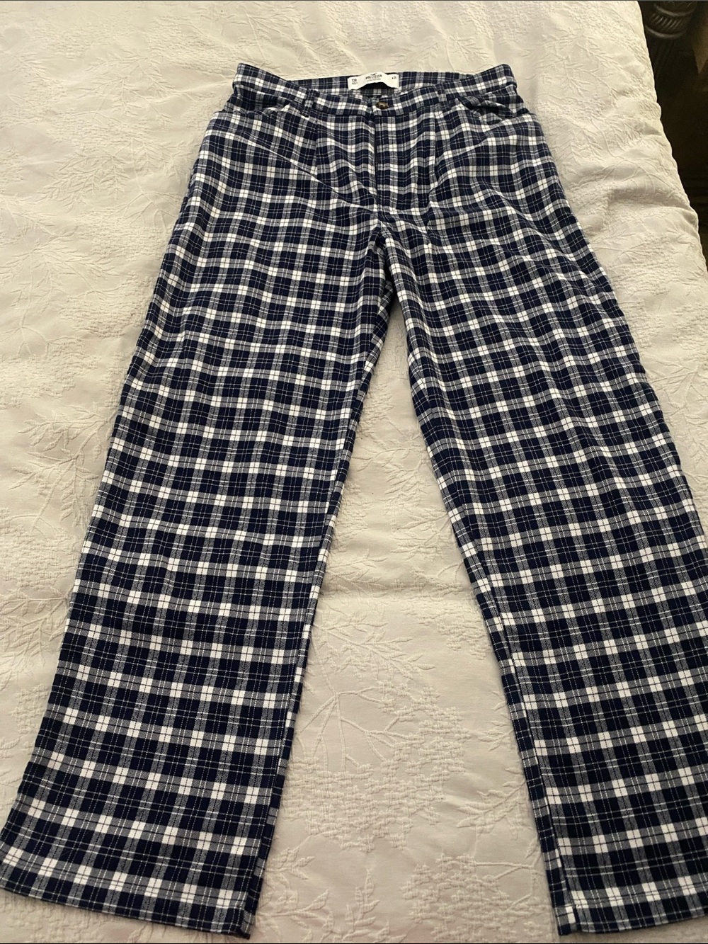 Hollister Navy and White Plaid Flannel Pants